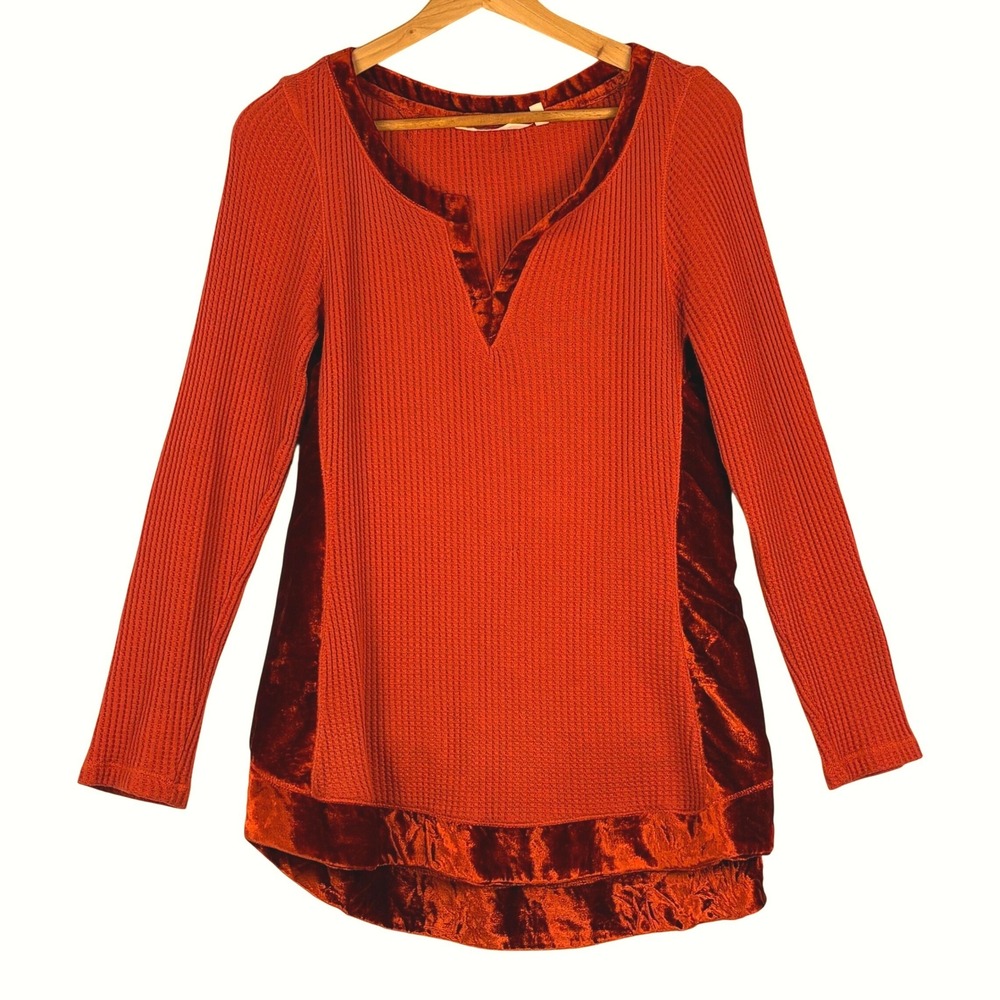 Soft Surroundings Longsleeve Waffle Velvet Top M Rust Split Neck Fall Boho Artsy
